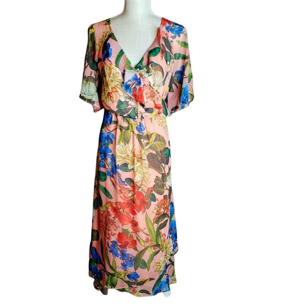 GIBSON LATIMER Dress floral Wrap Ruffles Pink Maxi flutter Sleeve Back Detail XL